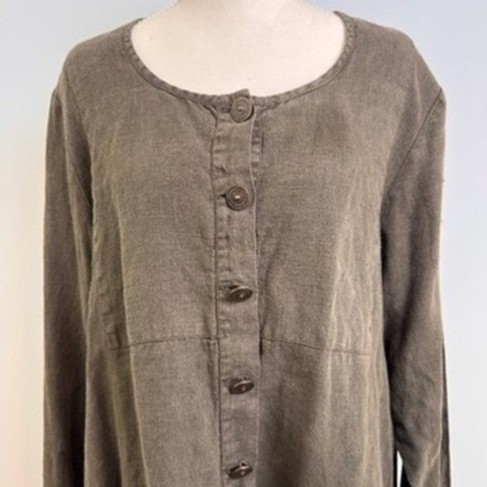 Flax 100% Linen Button Up Tunic Top Womens M Brown Lagenlook Breathable Coastal - Picture 3 of 12
